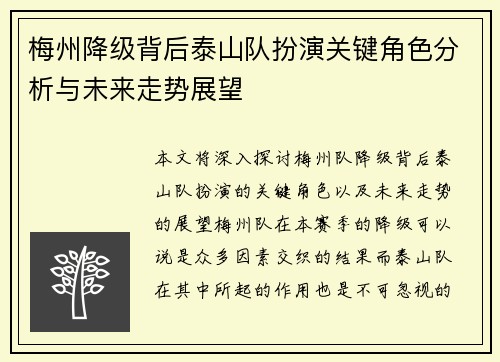 梅州降级背后泰山队扮演关键角色分析与未来走势展望